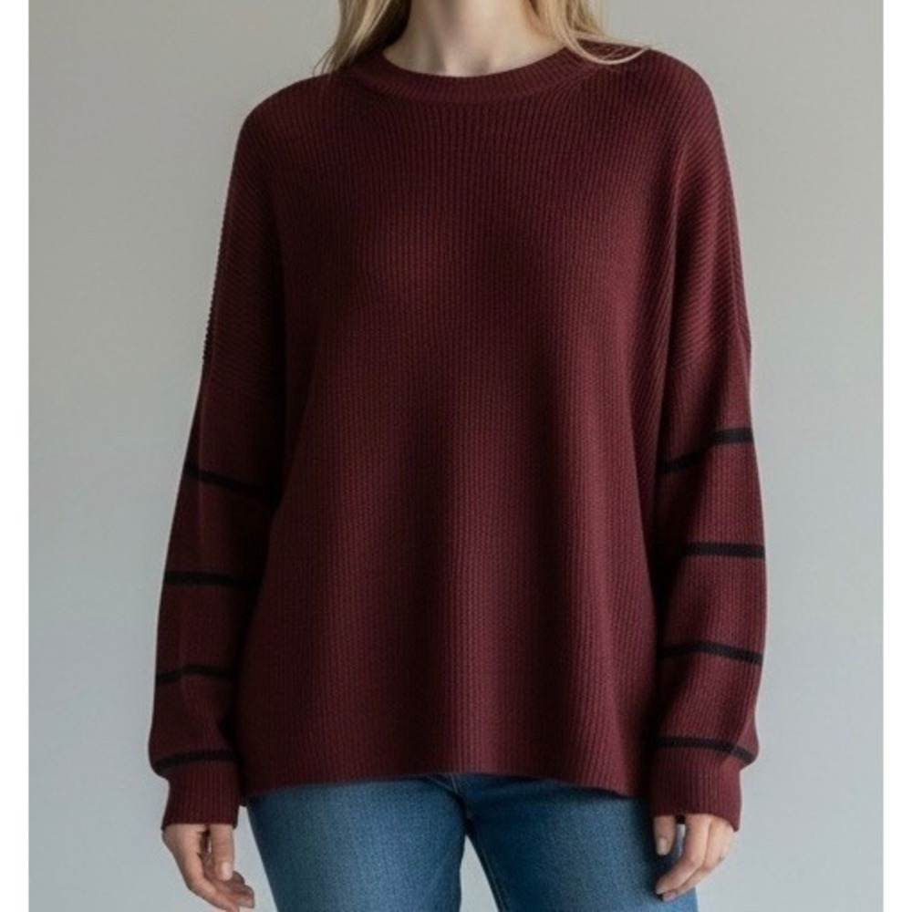 American Eagle Womens Burgundy Striped Sleeve Jegging Fit Ribbed Sweater Large